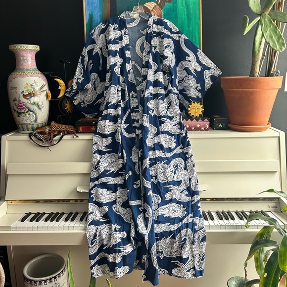 Vintage Other - Vintage 70s Dragon Print Belted Kimono Robe OS Unisex Full Length Navy Cotton